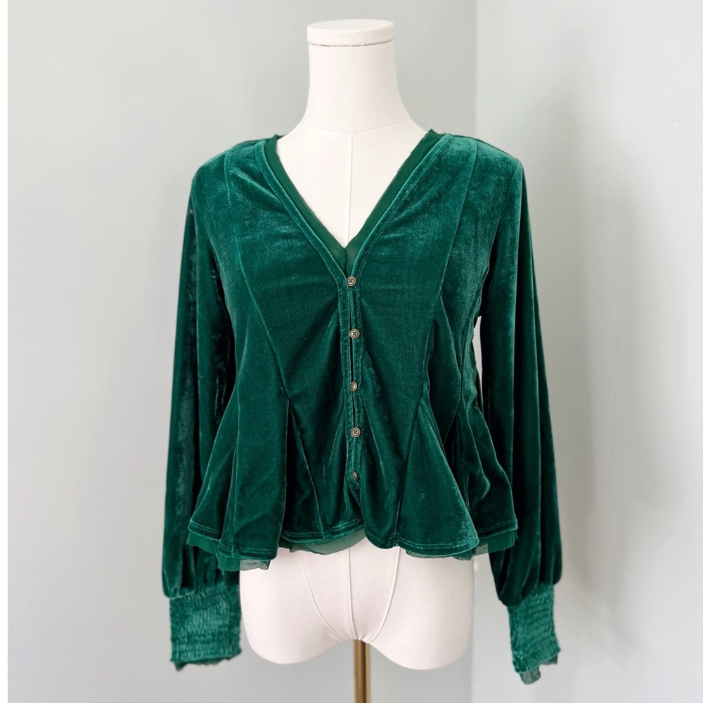 ANTHROPOLOGIE Whimsigoth Emerald Green Swing Velvet Peasant Top NWT - Picture 4 of 9